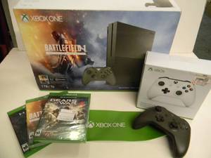 lot 65 image: XBOX ONE - IN BOX - WITH CONTROLERS & 3 GAMES - HALO, BATTLEFIELD 1, GEARS OF WAR 4 - AWESOME SET - SEE PICTURES