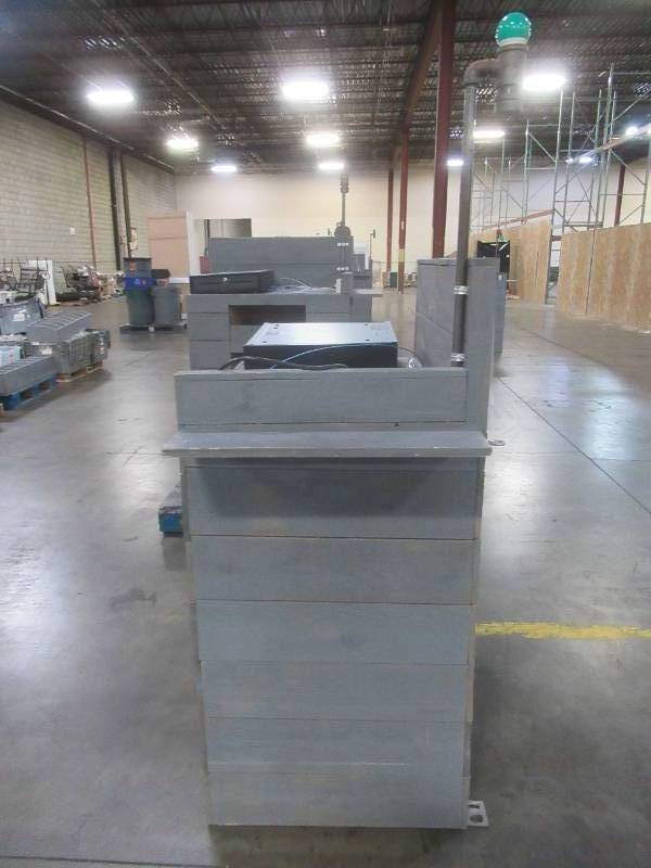 RETAIL CASH REGISTER CHECKOUT ISLAND, Approximately 36 x 25 x 52 12 Tall, 39 12 Work Top. With cash drawer and power hook up - Used in retail store.