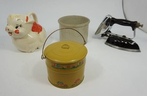 lot 112 image: Shawnee Pitcher, Covered Hand Painted Pail, Butter Crock and Iron