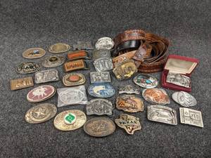 Lot of Belts & Belt Buckles - One Marked Nickel Silver contains Rainbow Obsidian and Turquoise - Themes include Tractors, Texas, Minnesota, Seed Companies, FarmFest, Mondale-Ferraro, and MORE