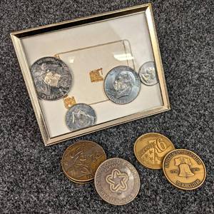 Lot of (10) Bicentennial Coins - Includes 1 oz. .9999 Farmfest Silver Round, 1976 Ike Dollar, 1976 Kennedy Half, 1976 Quarter, and 6 Bronze Coins