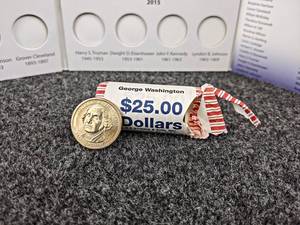 United States Presidential Dollars Folder - Includes 20 Coins and 1 Roll of 23 George Washington Uncirculated Dollar Coins
