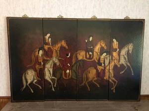 lot 339 image: Large 4-panel Wall Art Painting of Horses and Riders