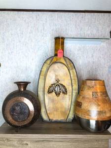 lot 337 image: 3 Large Decorative Wood and Metal Vases