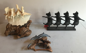 lot 144 image: 3 Table Sculptures--Pigs, Dolphins, and Horses