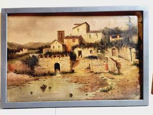 lot 192 image: Antique European Townscape Oil Painting Signed