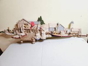 lot 402 image: Vintage Syroco Style 3D Wall Art Fishing Village & Boats