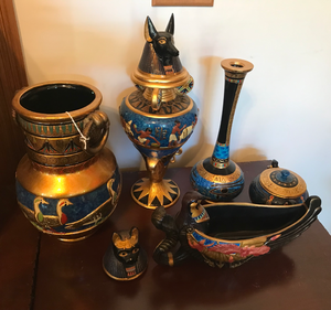 lot 380 image: 6 Egyptian Style Gilt & Polychrome Vessels