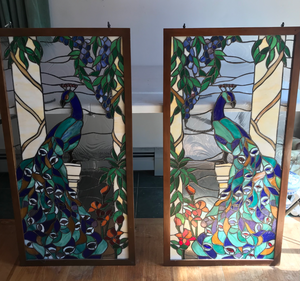 lot 385 image: Pair Stained Glass Panels w Peacocks