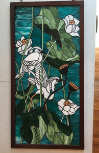 lot 386 image: Stained Glass Panel w Birds & Lilies