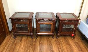 lot 357 image: 3 Carved Wood & Glass End Tables