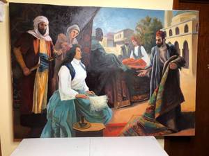 lot 530 image: Large Middle Eastern Textile Market Painting Oil on canvas