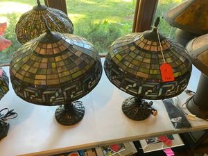 lot 4 image: Pair Geometric Design Tiffany Style Table Lamps