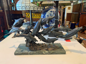 lot 18 image: Brass Pod of Dolphins Sculpture on Base