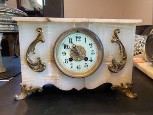 lot 23 image: Repaired French White Stone Gilt Mantle Clock