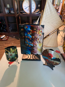 lot 50 image: 3 Metal and Glass Slim Vases