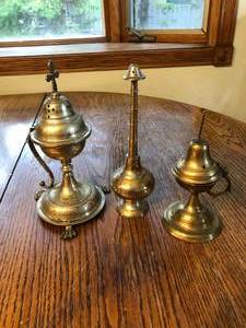 lot 627 image: 3 Brass Objects - Incenses Burners, Rosewater Sprinkler