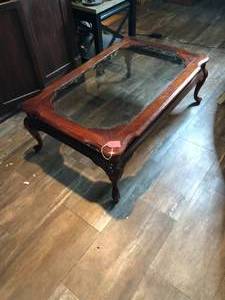 lot 7 image: Large Wood Coffee Table w Glass Top