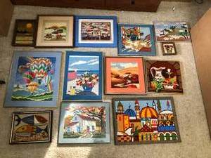 lot 99 image: 13 Vintage Framed Woven Wall Art