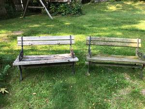 lot 730 image: Pair Wood and Wrought Iron Benches