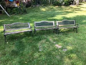 lot 731 image: Group of Matching Wood and Metal Outdoor Benches