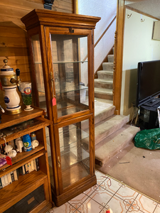 lot 417 image: Tall Solid Wood Display Case with Glass Shelves With Lighting in the Top