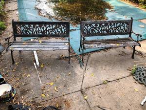 lot 739 image: Pair of Wood and Metal Outdoor Benches
