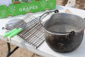 Lot of (5) Camping Equipment - Pot, Popcorn Maker, Grill Basket, Utensils