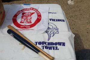 Lot of (4) Sporting Equipment - Bats (x3), Football Hankerchief
