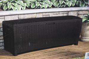 lot 21 image: NEW Suncast 99 Gallon Resin Wicker Deck Box
