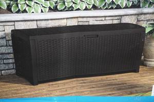 lot 23 image: NEW Suncast 99 Gallon Resin Wicker Deck Box