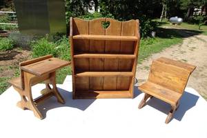 lot 59 image: Wood Wall Hanging Shelf and Small School Desk Chairs