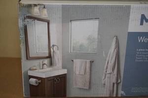 lot 29 image: Moen Welton 4 Pc Bath Accessory Kit - Towel Bar, Paper Holder, Ring, and Hook -Brushed Nickel