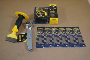 lot 61 image: Stanley Tools -Tape Measure, Tripod Light, Chisel, Utility Knife with Replacement Blades