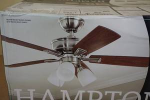 lot 79 image: NEW Hampton Bay 44  LED Indoor Ceiling Fan with Reversible Blades - Brushed Nickel