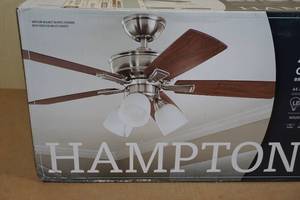 lot 94 image: NEW Hampton Bay 44  LED Indoor Ceiling Fan with Reversible Blades - Brushed Nickel