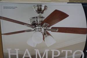 lot 125 image: NEW Hampton Bay 44 LED Indoor Ceiling Fan With Reversible Blades - Brushed Nickel