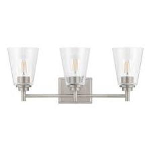 lot 58 image: NEW Hampton Bay Wakefield Bath Vanity Light -Brushed NickelClear Glass
