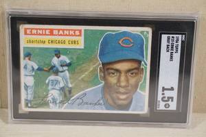 lot 31 image: 1956 Topps Ernie Banks #15 Baseball Card - Gray Back - SGC 1.5