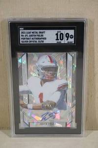 lot 56 image: 2021 Leaf Metal Draft Justin Fields Silver Crystal Autograph Football Card - SGC 9