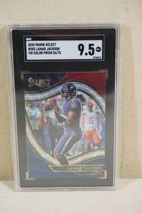 lot 57 image: 2020 Panini Select Lamar Jackson #303 Tri Color Prizm Football Card - SGC 9.5