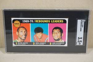 lot 62 image: 1970-71 Topps #5 Rebound Leaders HayesUnseldAlcindor Basketball Card - SGC 3.5