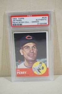 lot 77 image: 1963 Topps Jim Perry #535 MacAlister Coll. Baseball Card - PSA Authentic