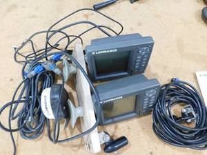 lot 80 image: (2) Lowrance LMS-480M Fish Finder w Transducer, LGC-200 GPS, Cable, Bracket, Manuals-