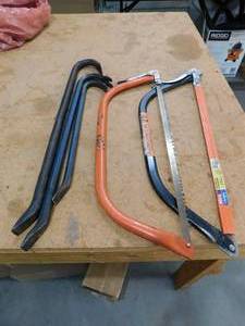 lot 224 image: 3 Pry bars & 2 hand Saws