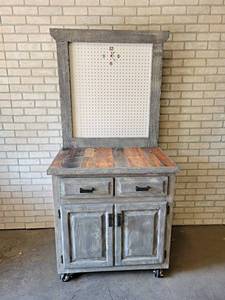 lot 1061 image: Custom Made Rolling Workbench w Pegboard and Clock - Overall about 72 x 34 x 24 - NO SHIPPING