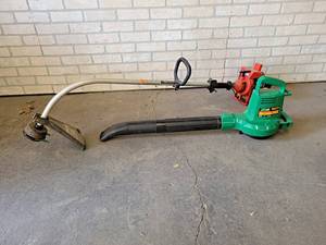 lot 1072 image: Homelite Gas Trimmer (Motor Pulls Over) and Electric Weedeater Blower - Works - NO SHIPPING