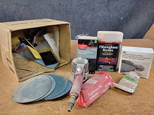 lot 1093 image: Pneumatic Orbital Sander, Discs, Fiberglass Repair Supplies and More - NO SHIPPING