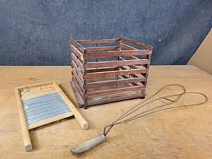 lot 1112 image: Antique Humpty Dumpty Egg Crate Made by Cummer MFG, Scanty Handi Washboard and Rug Beater