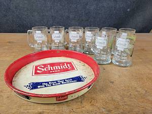 lot 1134 image: Complete Set of Glass Schmidt Beer Mugs Wildlife Collector Series #1 thru #8  Vintage Schmidt Tray